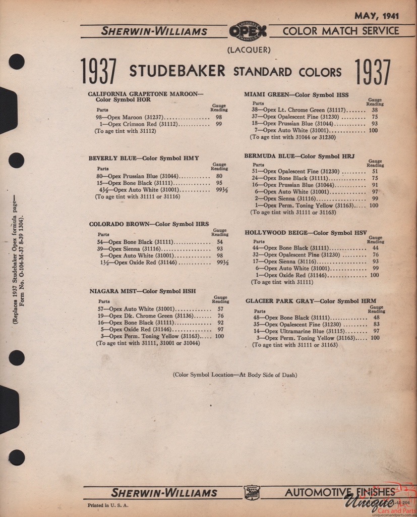 1937 Studebaker Paint Charts Williams 2
